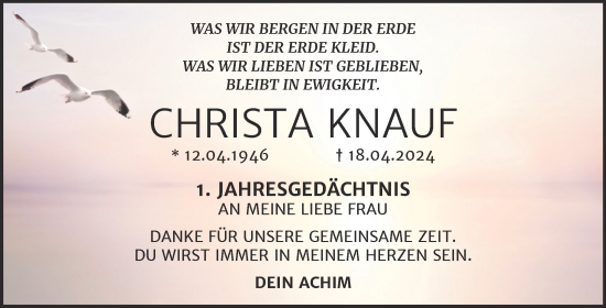 Traueranzeige von Christa Knauf von Trauerkombi Köthen