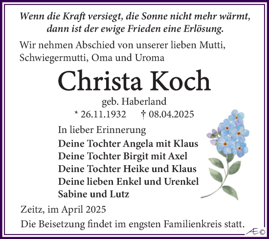 Traueranzeige von Christa Koch von Trauerkombi Zeitz