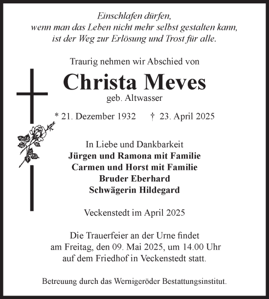 Traueranzeige von Christa Meves von Volksstimme Wernigerode