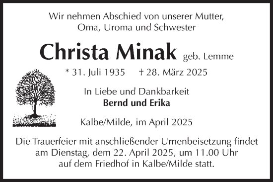 Traueranzeige von Christa Minak von Volksstimme Altmark West