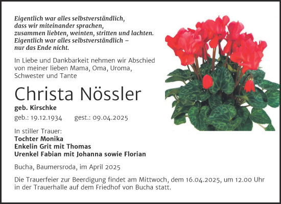 Traueranzeige von Christa Nössler von Naumburger Tageblatt