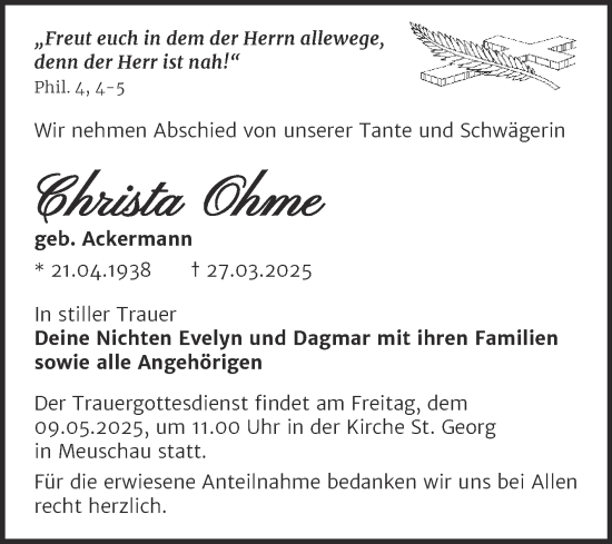 Traueranzeige von Christa Ohme von Trauerkombi Merseburg