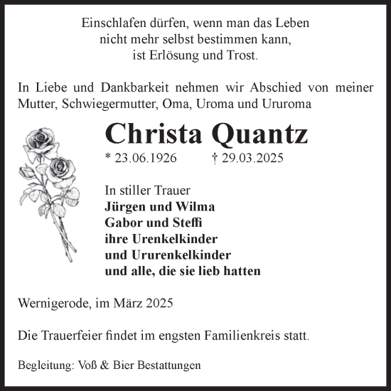 Traueranzeige von Christa Quantz von Volksstimme Wernigerode