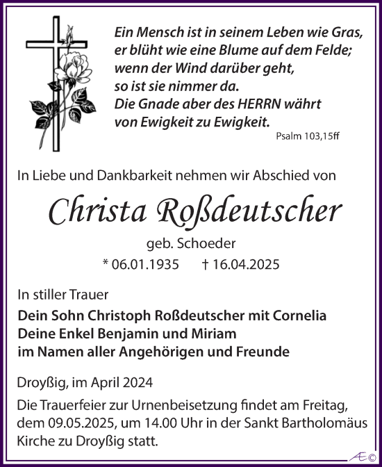 Traueranzeige von Christa Roßdeutscher von Trauerkombi Zeitz