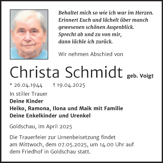 Traueranzeige von Christa Schmidt von Trauerkombi Zeitz