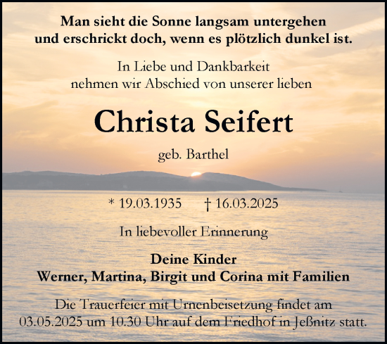 Traueranzeige von Christa Seifert von Trauerkombi Bitterfeld