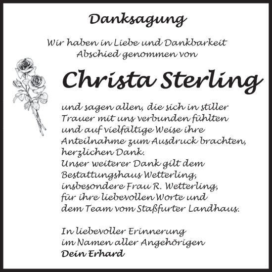 Traueranzeige von Christa Sterling von Volksstimme Staßfurt