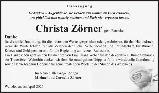 Traueranzeige von Christa Zörner von Volksstimme Oschersleben/Wanzleben