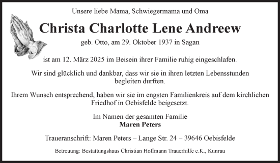Traueranzeige von Christa Charlotte Lene Andreew von Volksstimme Haldensleben/Wolmirstedt