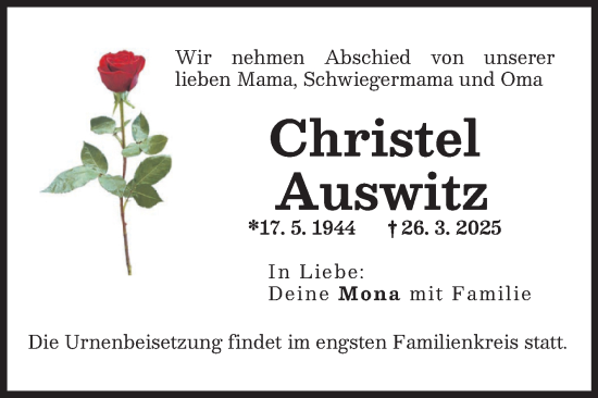 Traueranzeige von Christel Auswitz von Volksstimme Altmark Ost