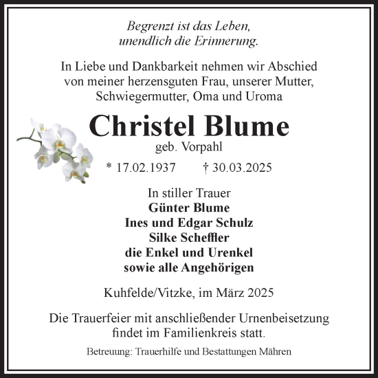 Traueranzeige von Christel Blume von Volksstimme Altmark West