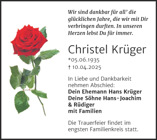 Traueranzeige von Christel Krüger von Trauerkombi Dessau