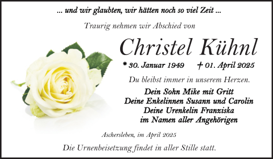 Traueranzeige von Christel Kühnl von Trauerkombi Aschersleben