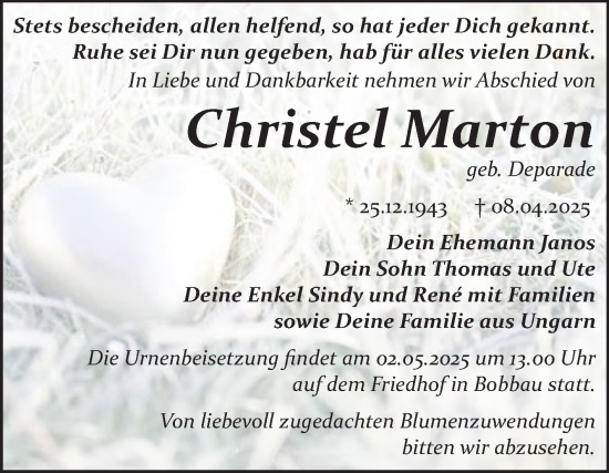 Traueranzeige von Christel Marton von Trauerkombi Bitterfeld