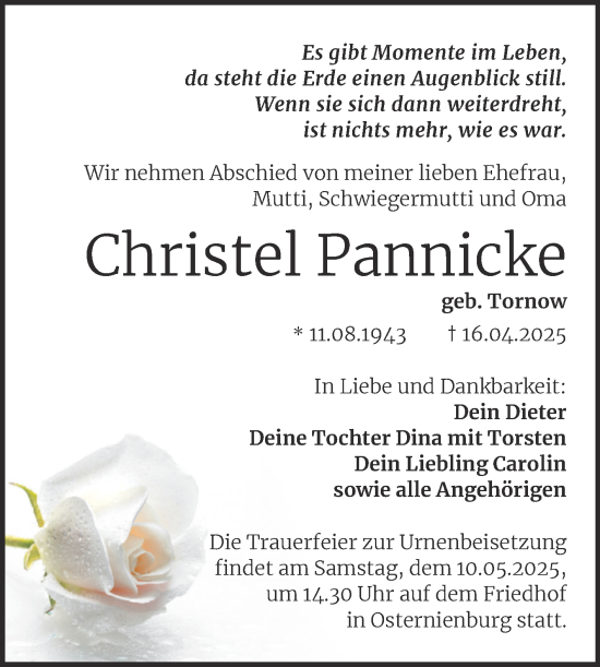 Traueranzeige von Christel Pannicke von Trauerkombi Köthen
