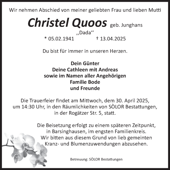 Traueranzeige von Christel Quoos von Volksstimme Magdeburg