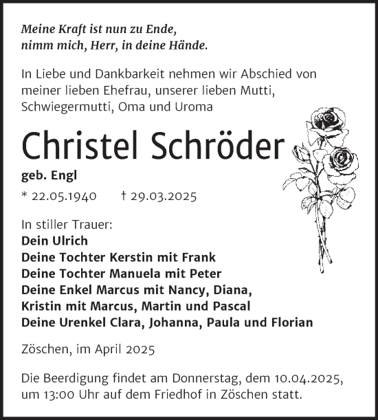 Traueranzeige von Christel Schröder von Trauerkombi Merseburg