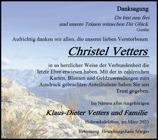 Traueranzeige von Christel Vetters von Volksstimme Oschersleben/Wanzleben