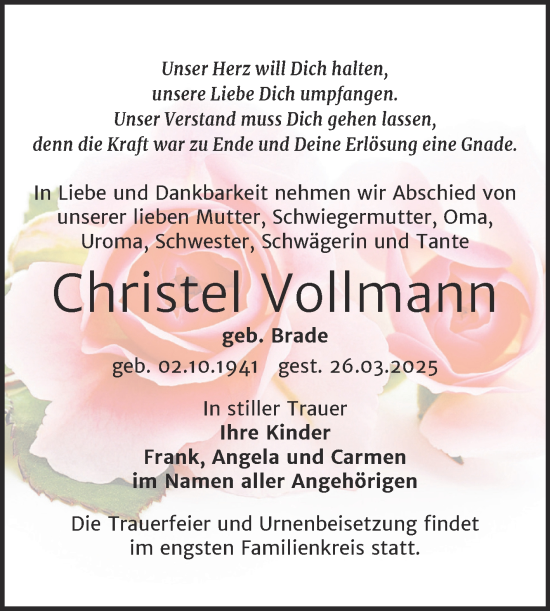 Traueranzeige von Christel Vollmann von Trauerkombi Sangerhausen