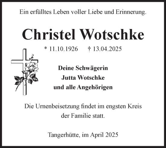 Traueranzeige von Christel Wotschke von Volksstimme Altmark Ost