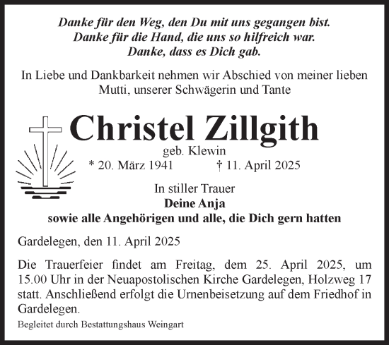 Traueranzeige von Christel Zillgith von Volksstimme Altmark West
