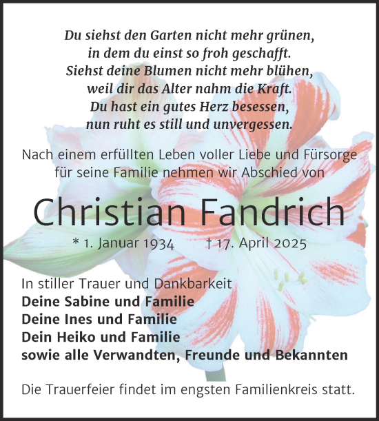 Traueranzeige von Christian Fandrich von Trauerkombi Zeitz