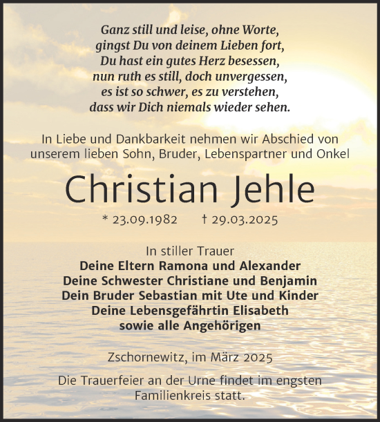 Traueranzeige von Christian Jehle von Trauerkombi Wittenberg