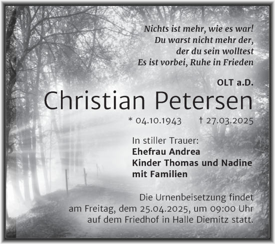 Traueranzeige von Christian Petersen von Mitteldeutsche Zeitung Halle/Saalkreis