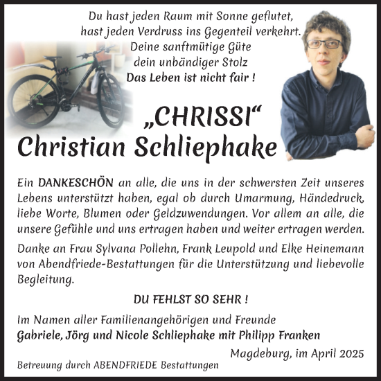 Traueranzeige von Christian Schliephake von Volksstimme Magdeburg
