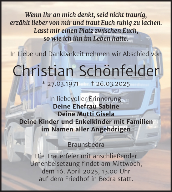 Traueranzeige von Christian Schönfelder von Trauerkombi Merseburg