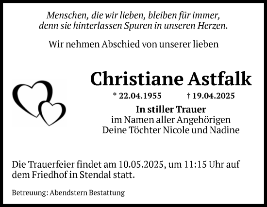 Traueranzeige von Christiane Astfalk von Volksstimme Altmark Ost