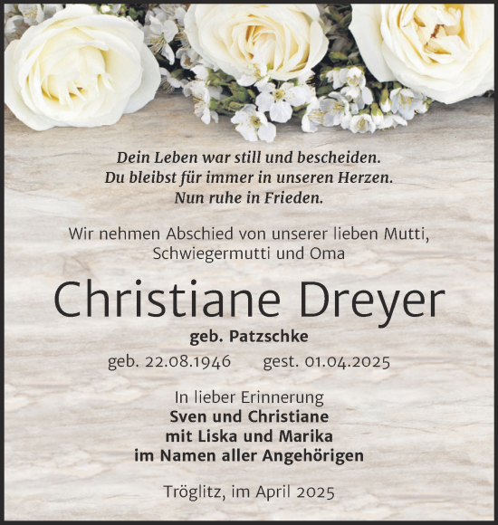 Traueranzeige von Christiane Dreyer von Trauerkombi Zeitz