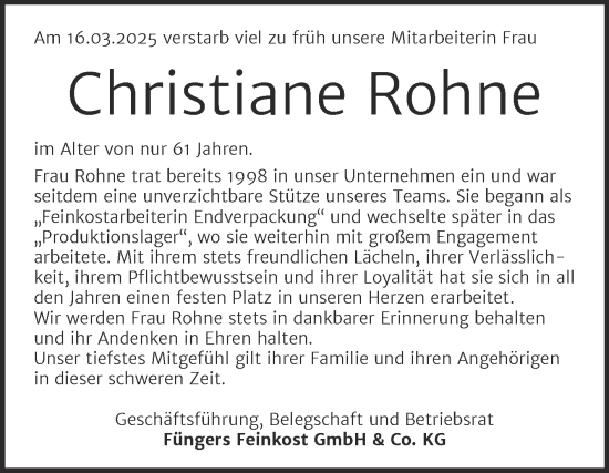Traueranzeige von Christiane Rohne von Super Sonntag Dessau-Roßlau