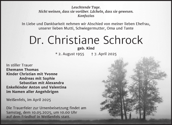 Traueranzeige von Christiane Schrock von Trauerkombi Weißenfels