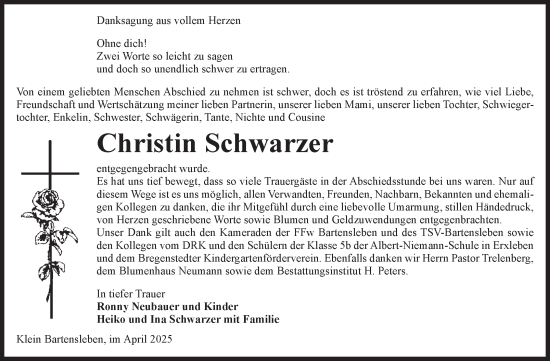 Traueranzeige von Christin Schwarzer von Volksstimme Haldensleben/Wolmirstedt