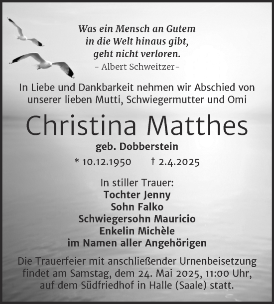 Traueranzeige von Christina Matthes von Mitteldeutsche Zeitung Halle/Saalkreis