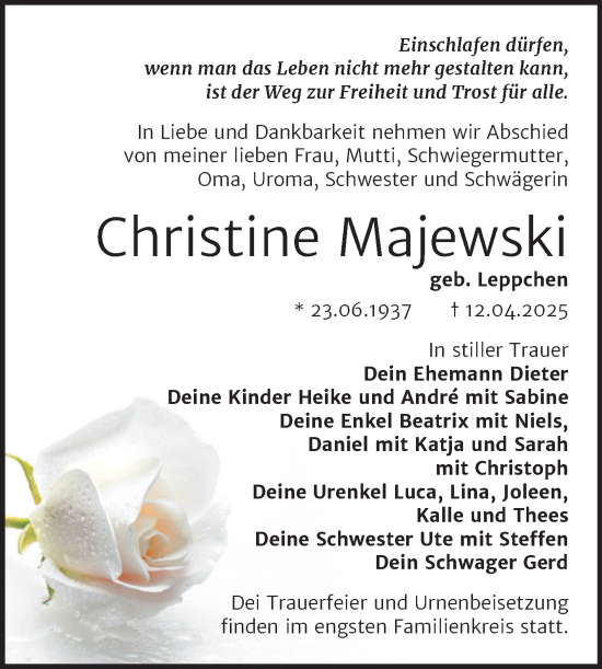 Traueranzeige von Christine Majewski von Trauerkombi Wittenberg