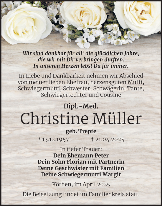 Traueranzeige von Christine Müller von Trauerkombi Köthen