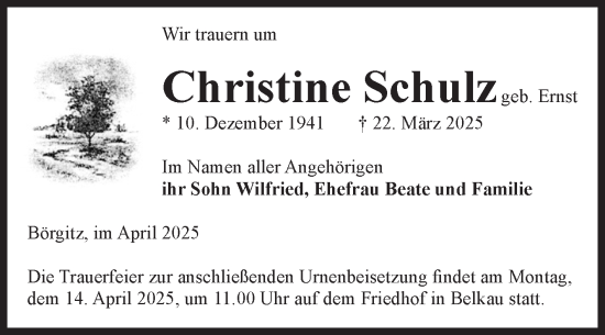 Traueranzeige von Christine Schulz von Volksstimme Altmark Ost
