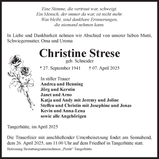 Traueranzeige von Christine Strese von Volksstimme Altmark Ost