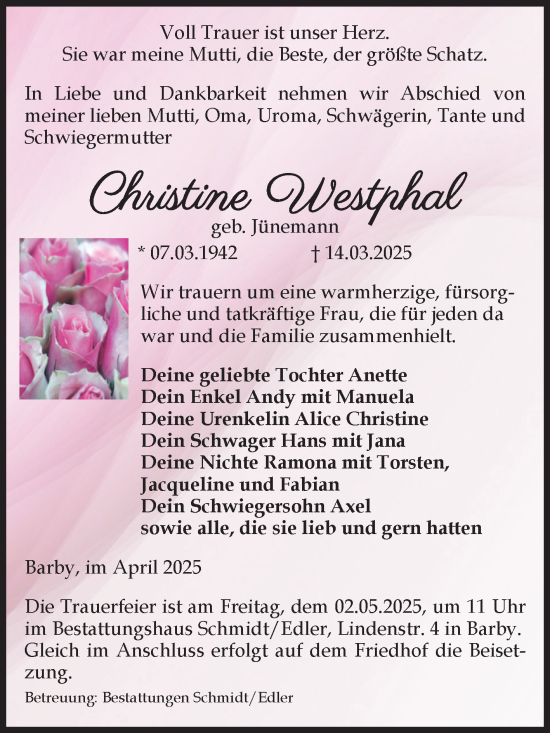 Traueranzeige von Christine Westphal von Volksstimme Schönebeck