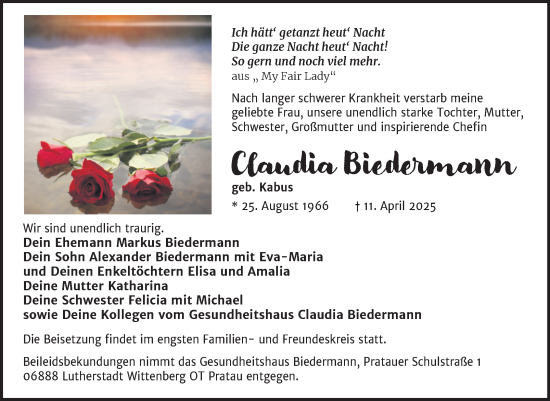 Traueranzeige von Claudia Biedermann von Trauerkombi Wittenberg