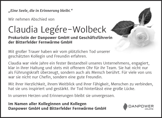 Traueranzeige von Claudia Legére-Wolbeck von Mitteldeutsche Zeitung Bitterfeld