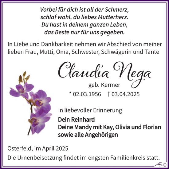 Traueranzeige von Claudia Nega von Trauerkombi Zeitz