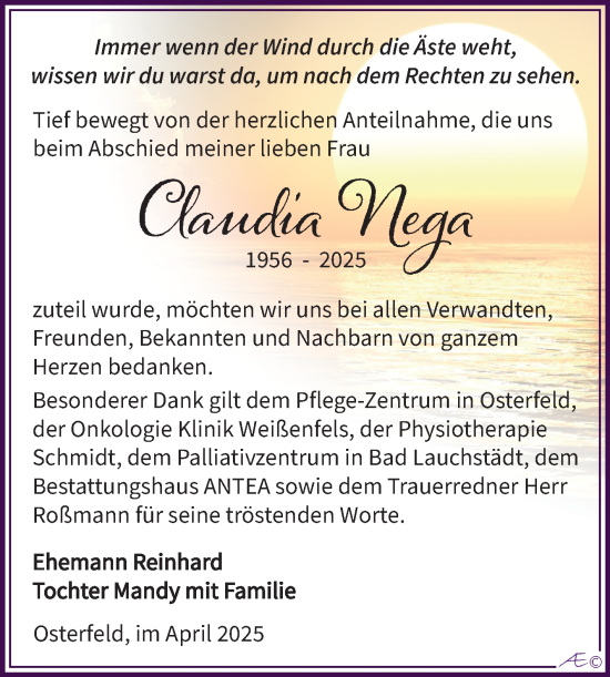 Traueranzeige von Claudia Nega von Trauerkombi Zeitz