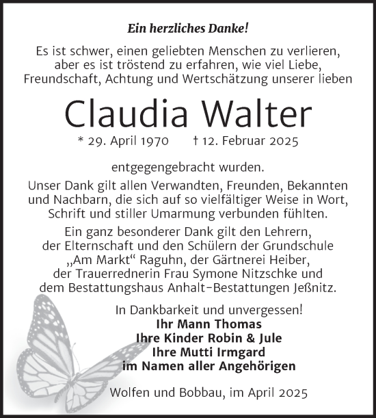 Traueranzeige von Claudia Walter von Trauerkombi Bitterfeld