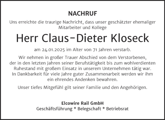 Traueranzeige von Claus-Dieter Kloseck von Super Sonntag Mansfelder Land