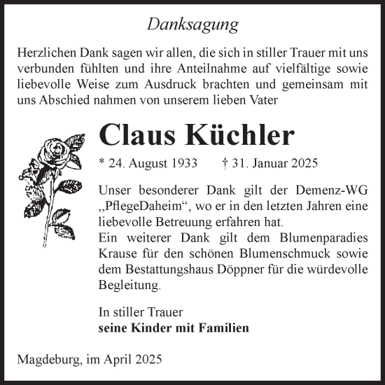 Traueranzeige von Claus Küchler von Volksstimme Magdeburg