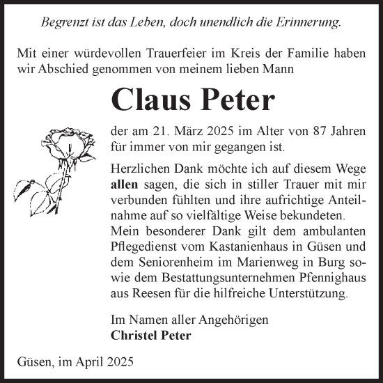 Traueranzeige von Claus Peter von Volksstimme Burg/Genthin