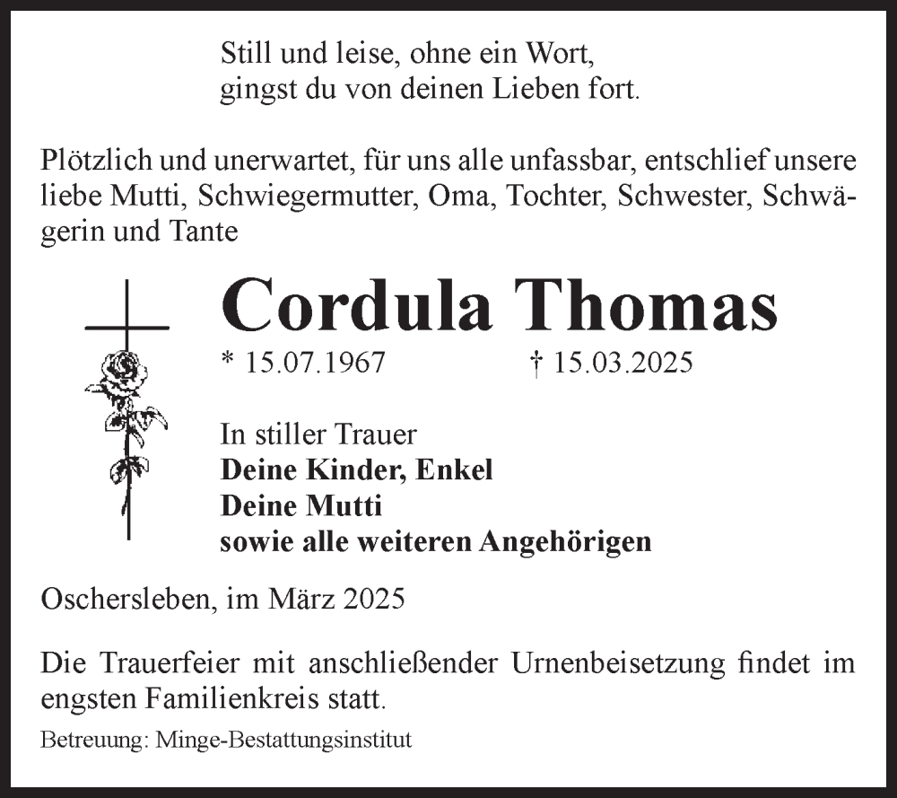 Traueranzeige für Cordula Thomas vom 05.04.2025 aus Volksstimme Oschersleben/Wanzleben